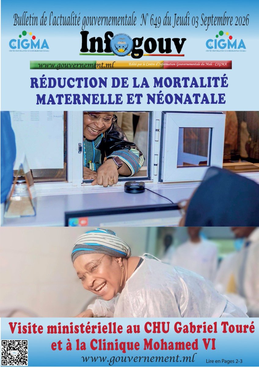 Gouvernememali's tweet photo. #CIGMA #INFO #INFO_GOUV
La Une de votre bulletin quotidien de l'actualité gouvernementale du jeudi 03 septembre 2026.
À lire sur https://t.co/RWBcbo1H9H
#CIGMA https://t.co/PnxAVG2HJT