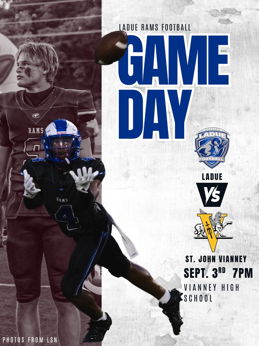 LadueRamsFB's tweet photo. Time to go to work! IT's GAME DAY!!! The Rams travel to Vianney for a 7pm Kickoff! Make sure you're hydrated and ready to get LOUD!  #RAMTough #LiveTheLegacy https://t.co/DAkdpi4x0Y