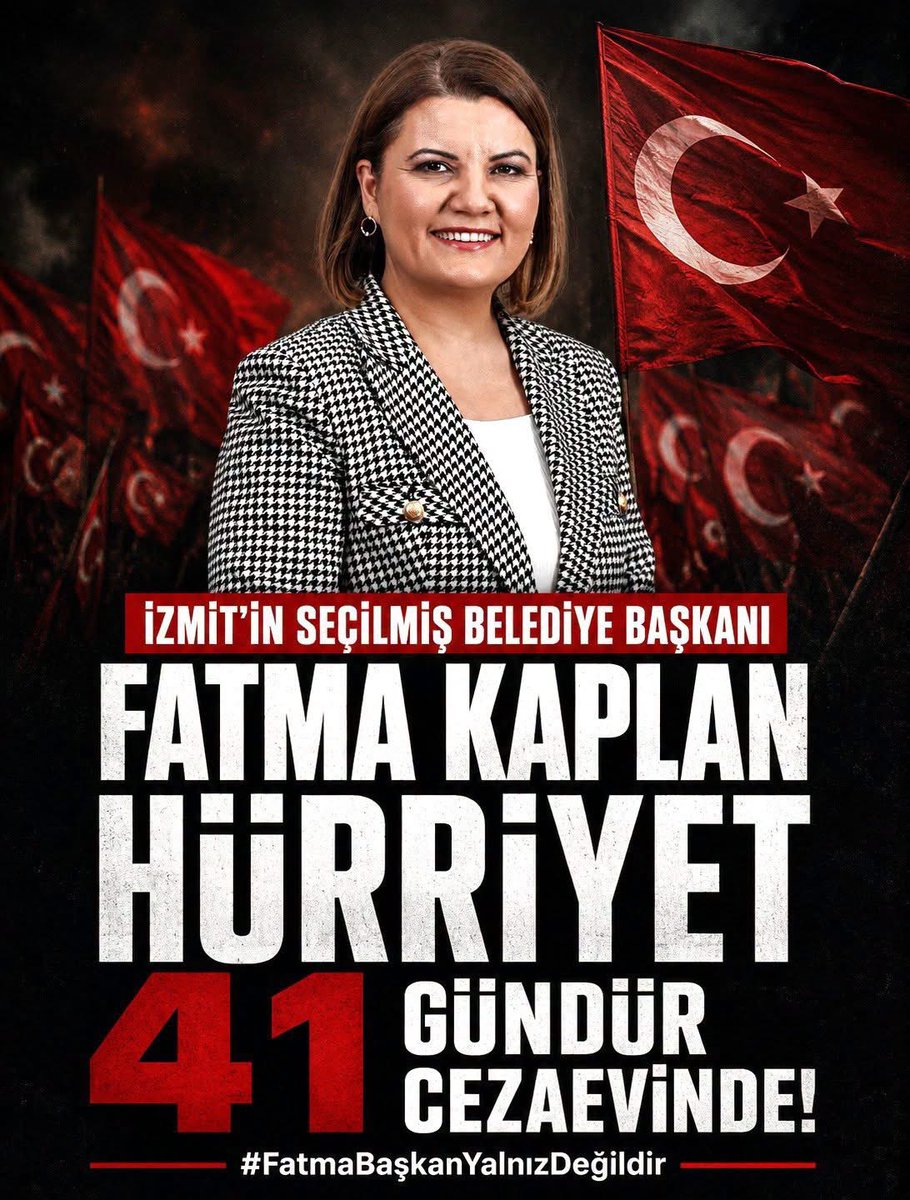 fatmakaplan's tweet photo. İzmit’in seçilmiş Belediye Başkanı Fatma Kaplan Hürriyet, 41 gündür cezaevinde.

41 gündür ailesinden, kentinden ve görevinden uzak… Ama İzmit’in iradesi de, adalet talebi de susmadı, 
SUSMAYACAK!✊🏻

#FatmaBaşkanYalnızDeğildir https://t.co/7KLpo5Iitr