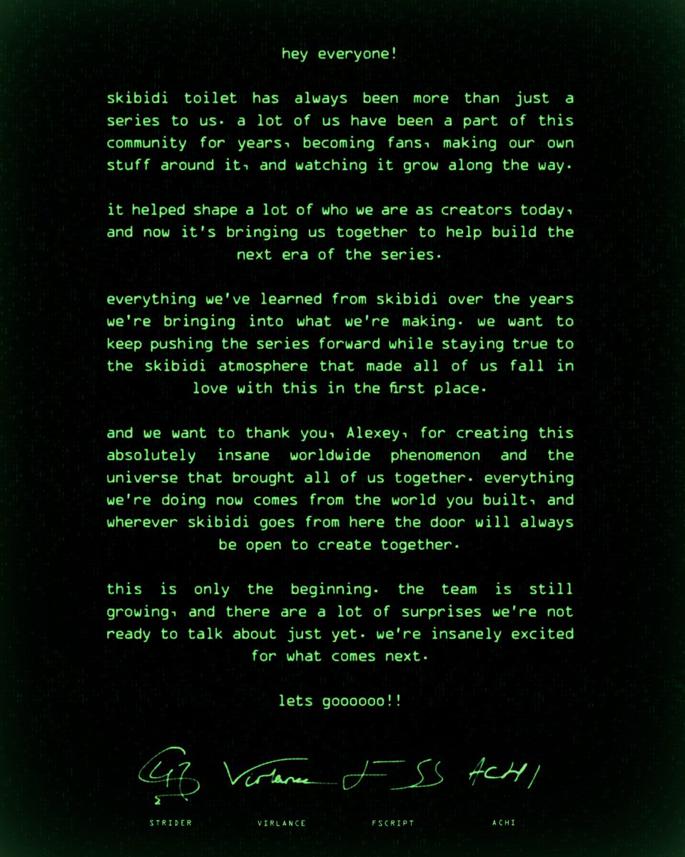 SkibidiOfficial's tweet photo. a message from the creator team behind what’s next https://t.co/kA4Kf0Nyfa