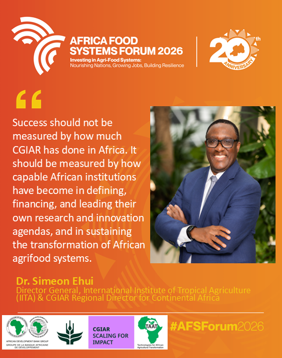 Taat_Africa's tweet photo. "Success shouldn't be measured by how much CGIAR does in Africa, but by how capable African institutions become in leading their own research agendas." — Dr. @EhuiSimeon at #AFSF2026 this morning 🌍

More: https://t.co/2h9msC92b4

#AFSForum2026 #AFSF #FoodSystems #SouthSouthCooperation #AgriculturalInnovation #DevelopmentFinance

@AfDB_Group @Groupe_AfDB 
@gatesfoundation @GatesAfrica @CGIAR @IITA_CGIAR @TheAGRF @AGRA_Africa
@afaasinfo @Afriscience @AFSTA_Seed
@SeedFed @ReutersAfrica @Better_Seed
@EuroseedsEU @ISTAseedtesting @ScienceAlly
@ippcnews @AFP @ReutersWorld @AUC_CAADP
@NEPAD_Agency @ccardesa_sadc @CORAFNews
@COMESA_HQ @_AfricanUnion @ASARECA
@FAO @SAA_africa @WorldBank @WorldBankAfrica
@wef @ADB_HQ @isdb_group @jica_direct_en
@giz_gmbh @aatfafrica @BiovIntCIAT_eng @Cipotato @FARAinfo @WorldFishCenter @WorldVegCenter @Radiorwanda_RBA @RwandaAgri   @mfregene77 @InnocentMus @EnockChikava @CGIAR_EMD @TJKrupnik