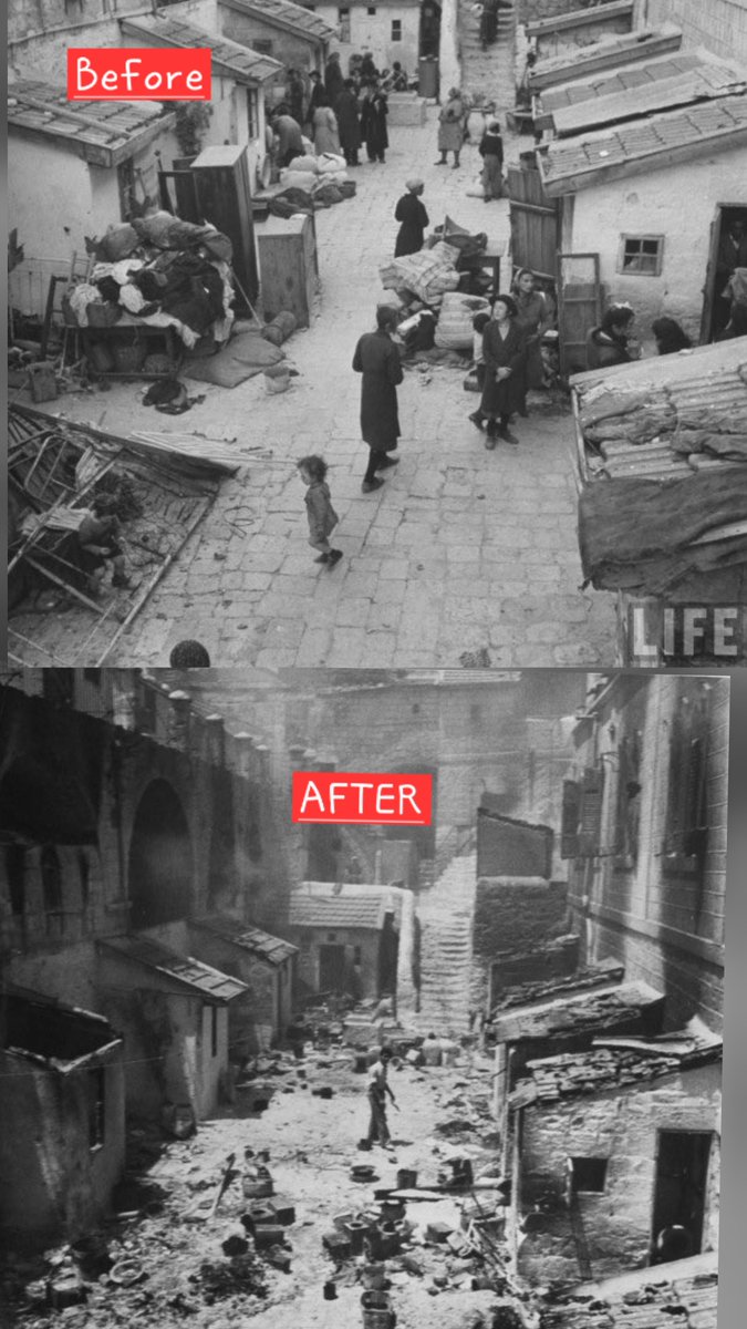 Sarahsa09309757's tweet photo. Voilà à quoi ressemble un nettoyage ethnique.

Jérusalem, mai 1948. Après la chute du quartier juif de la Vieille Ville, ses habitants juifs sont expulsés et leurs maisons pillées.

Des Juifs sont également chassés du Gush Etzion.

Alors une question : pourquoi parle-t-on si peu de leur expulsion ? Et pourquoi la France ne revendique-t-elle jamais, pour leurs descendants, un « droit au retour » à Jérusalem-Est ?