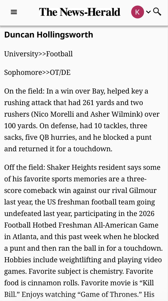 DuncanHoll_fb's tweet photo. Honored to be named Player of the Week by the News-Herald for: “10 tackles, three sacks, five QB hurries, and he blocked a punt and returned it for a touchdown.” 

I also played every snap at LT, and the paper noted that I “helped key a rushing attack that had 261 yards and two rushers (Nico Morelli and Asher Wilmink) over 100 yards.”

It was definitely a full team effort to get the win over Bay Village (including the coaching staff and another huge night by @tylarrobinson). On to Week 3!

@Nico_Morelli5 
@AsherWilmink 
@BMalbasa 
@USFootball1890 

https://t.co/GGPXWicsxs