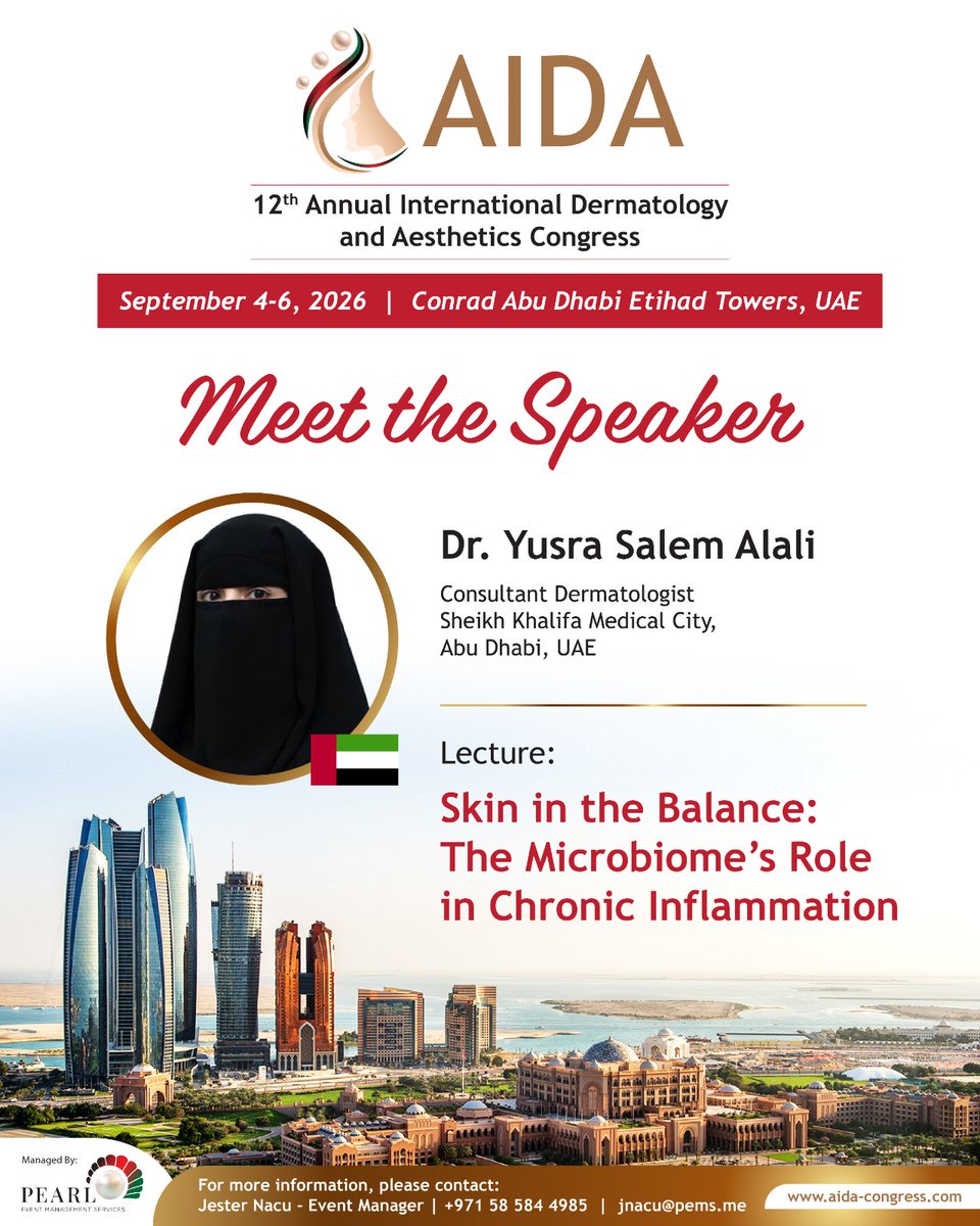 AidaCongress's tweet photo. ✨ Welcoming Dr. Yusra Salem Alali to AIDA Congress 2026! ✨

We are pleased to welcome Dr. Yusra Salem Alali, Consultant Dermatologist at Sheikh Khalifa Medical City, Abu Dhabi, with more than 16 years of experience in dermatology. https://t.co/QPWJIxjXqt