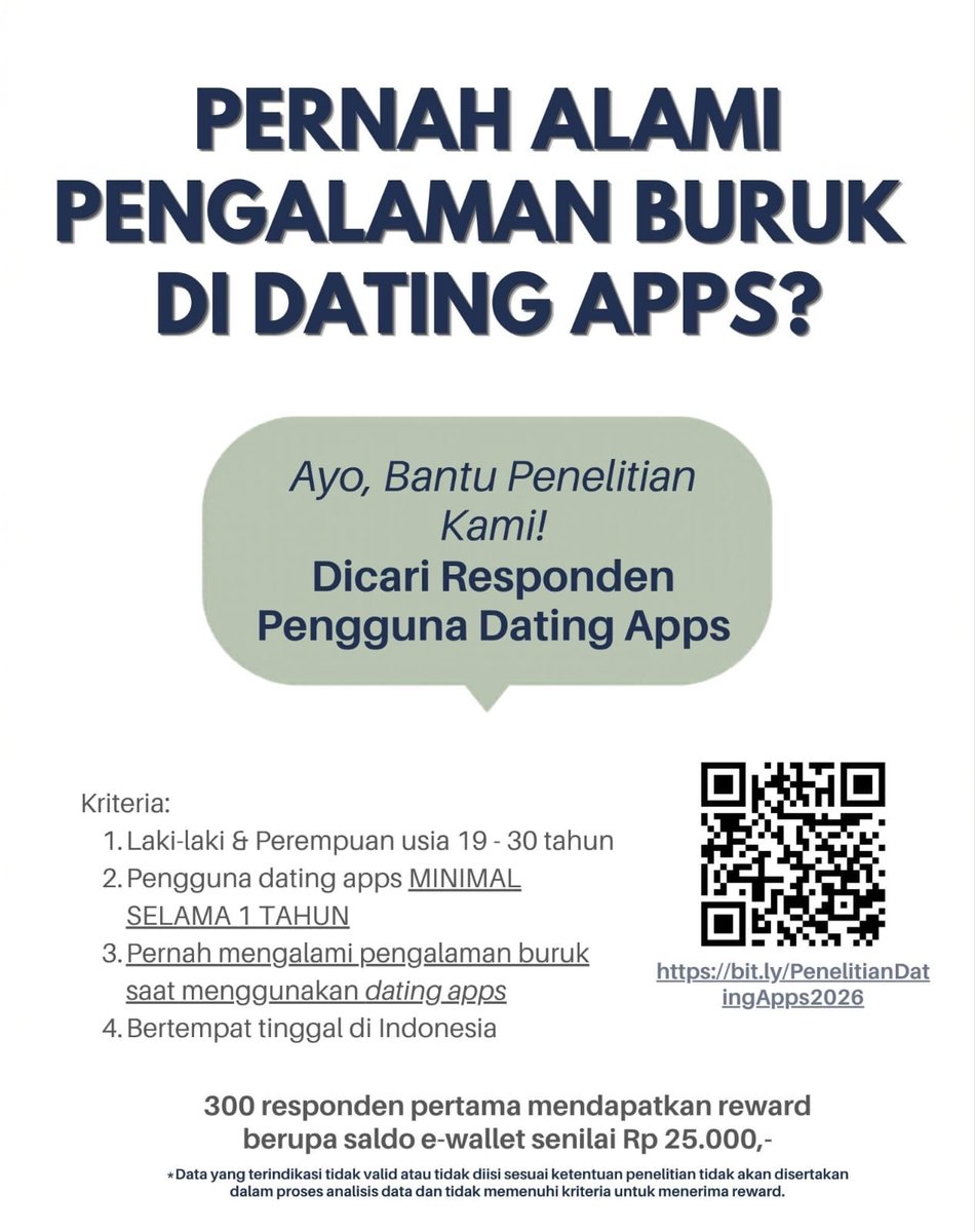 sapphicsfess's tweet photo. [Ads] 
Please help me 🥺 Aku sedang cari partisipan dgn kriteria berikut: 1. Usia dewasa awal (±19 - 30 tahun) 2. Pernah / sedang menggunakan aplikasi dating 3. Pernah mengalami pengalaman negatif selama bermain dating app  Ada reward untuk yg beruntung! Terima kasih, help😭🫶🏻 https://t.co/cMxLJSleVy