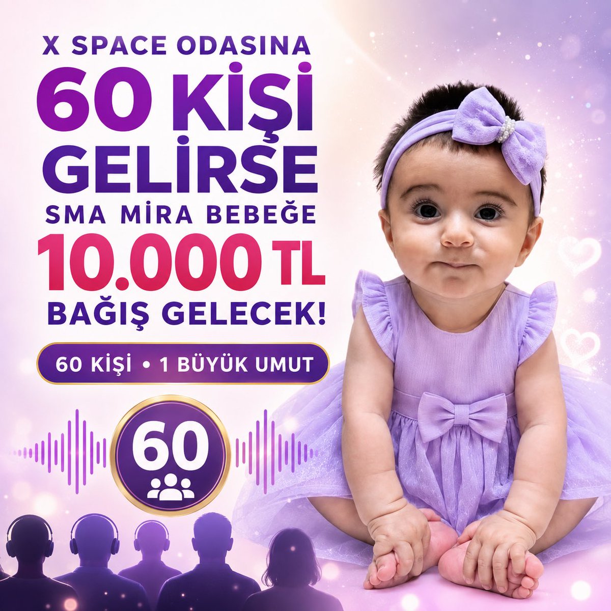 Bbsc_m's tweet photo. Bir odada yalnızca 60 kişi… Ama o 60 kişi, Mira bebeğin yarınlarına açılan kocaman bir kapı olabilir. 💜

X Space odamıza 60 kişi gelirse Mira bebeğe 10.000 TL bağış yapılacak.

Bir kişi de sen ol; katılımınla Mira’nın umudunu büyüt. Minik kalbi bizi bekliyor. 🙏

#SMA #MiraBebeğeUmutOl