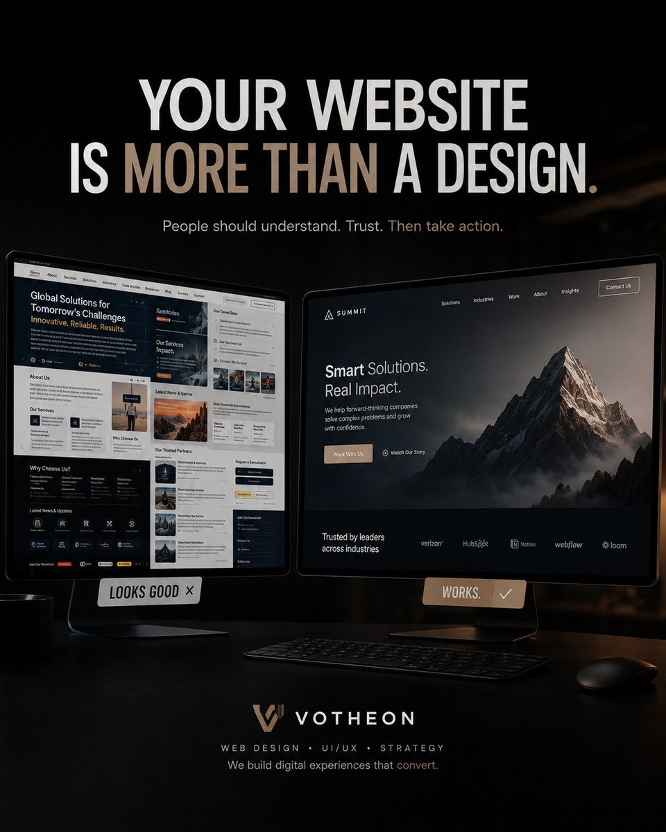 votheontech's tweet photo. A beautiful website can still be a bad website.

Great visuals mean nothing if visitors can't find what they need or know what to do next.

Good UI gets attention.

Good UX turns attention into action.

That’s the VOTHEON approach.

#WebDesign #UIUX https://t.co/Juca9kPiJ6