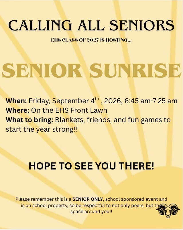 EHSRAMS's tweet photo. Reminder to all Edgewood Seniors!  Tomorrow is the SENIOR SUNRISE.  If there are any changes due to weather, we will update. https://t.co/3xJhHZwKc2