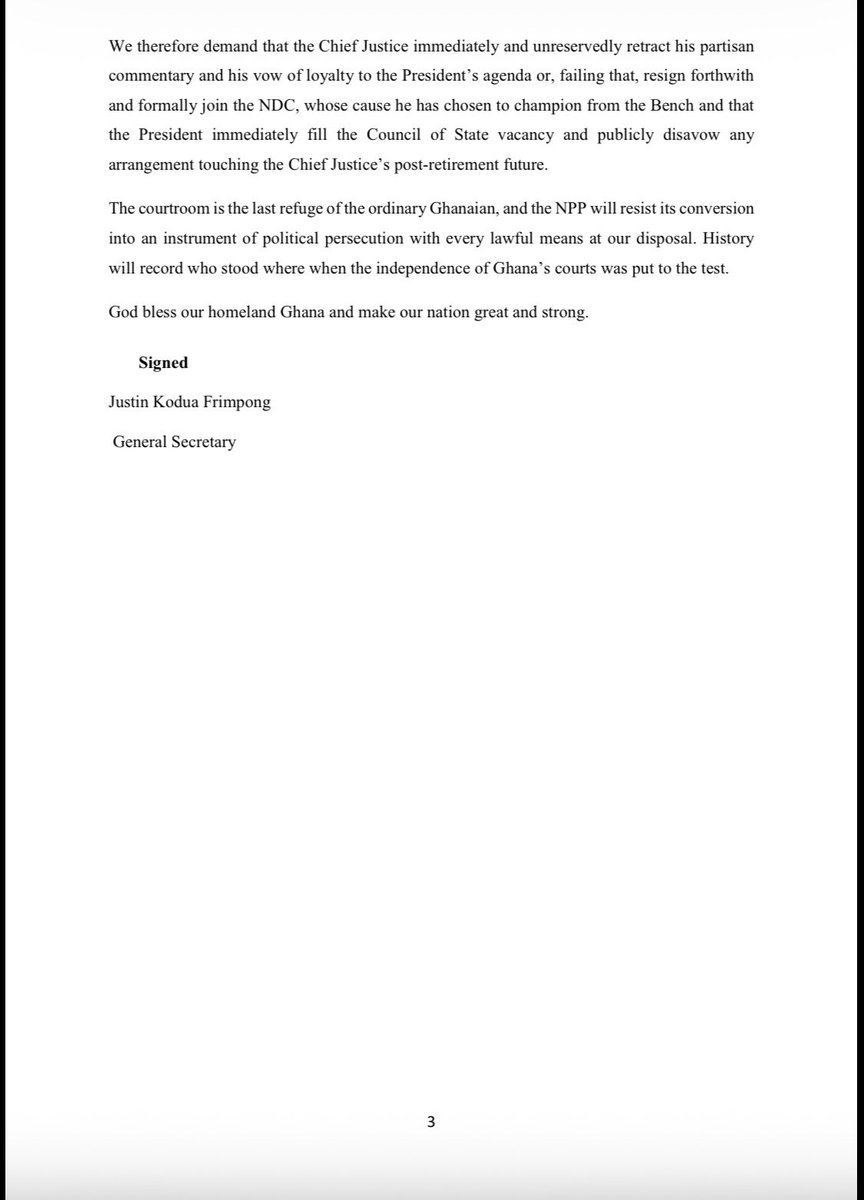 NPP_GH's tweet photo. For Immediate Release 

A JUDICIARY CAPTURED: THE CHIEF JUSTICE MUST RESIGN AND FORMALLY JOIN THE NDC. 

#JusticeOverPolitics https://t.co/Def1m7P6WF