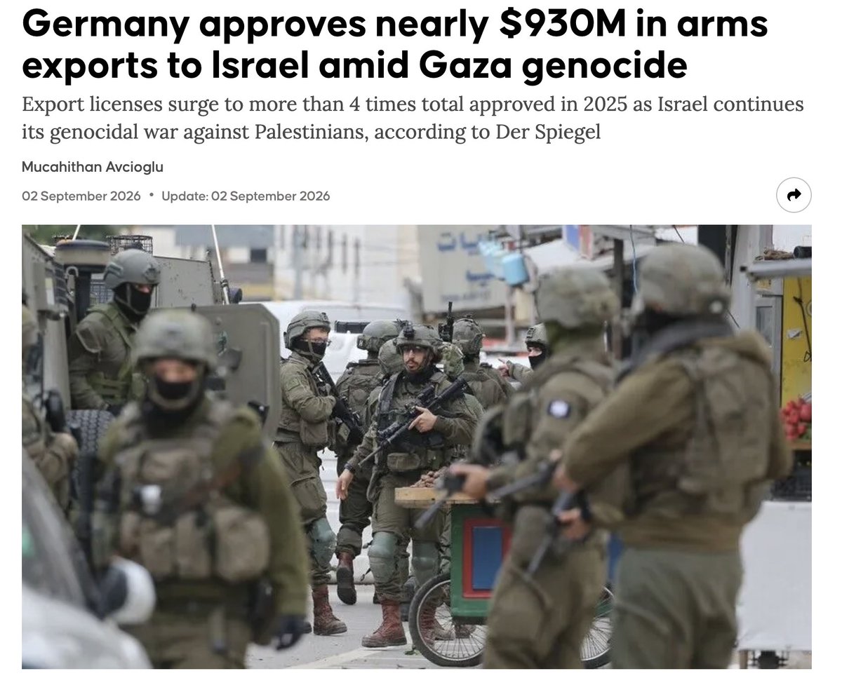hussedogru's tweet photo. April 2026, German Chancellor Merz: "We all want the Middle East to return to peace &amp; stability as quickly as possible. We all have a great interest in that"

Sept 2026: Merz quadruples financing for Israel's wars on Gaza, Lebanon &amp; Iran.

Germany has interest. But not in peace. https://t.co/GF2FTdlvDj