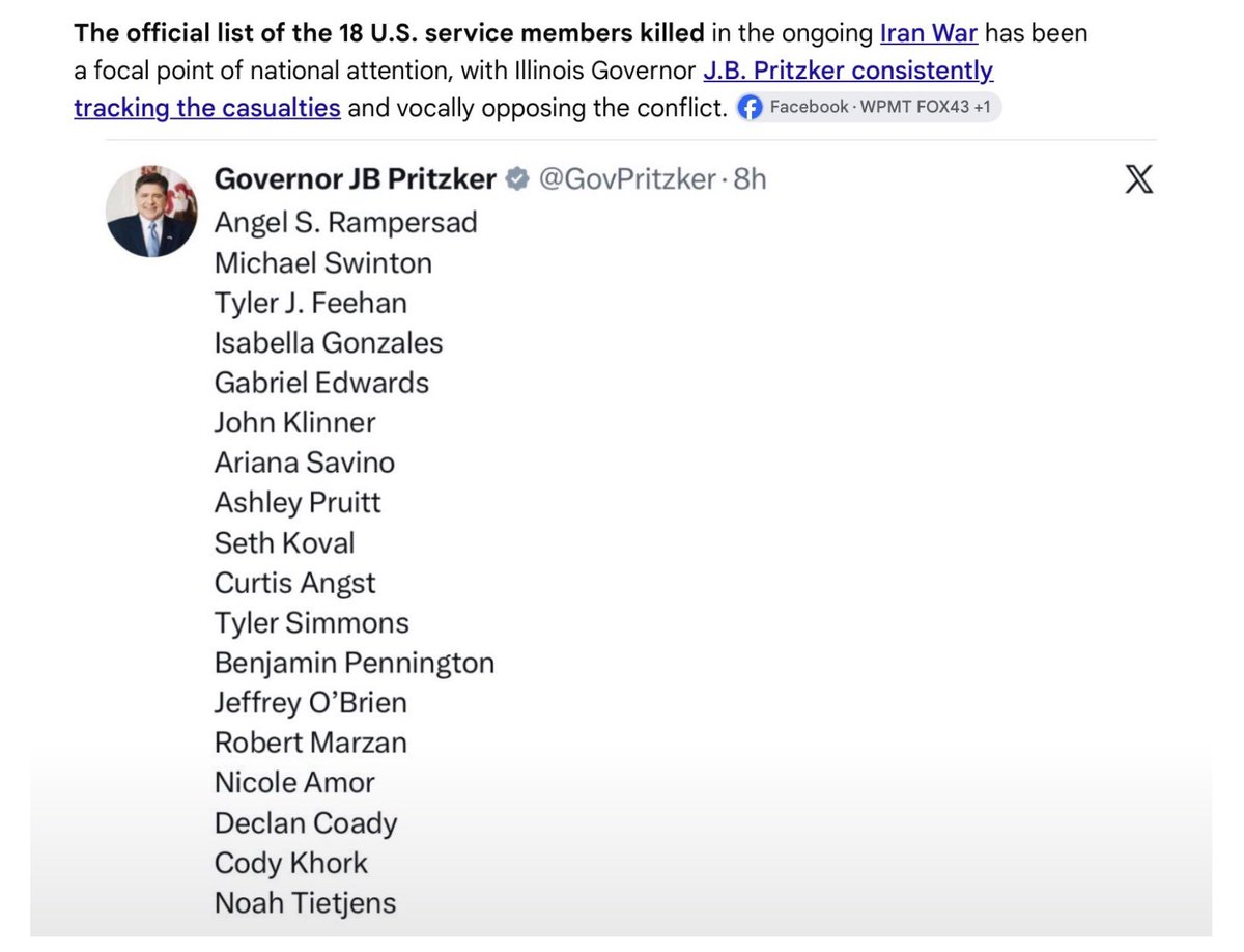 MissinRoyko's tweet photo. JB Pritzker if you’re criticizing Trump’s Iran policy by listing the names of the 18 U.S. service members killed in a noble cause to prevent Iran from having the capability to destroy the world with nuclear weaponry 

How about also listing the names of the six people who have innocently died in Illinois killed by illegals due to your policy 

Illegals welcomed into Illinois not for a noble cause but instead for the purpose of your self serving political agenda 

@GovPritzker