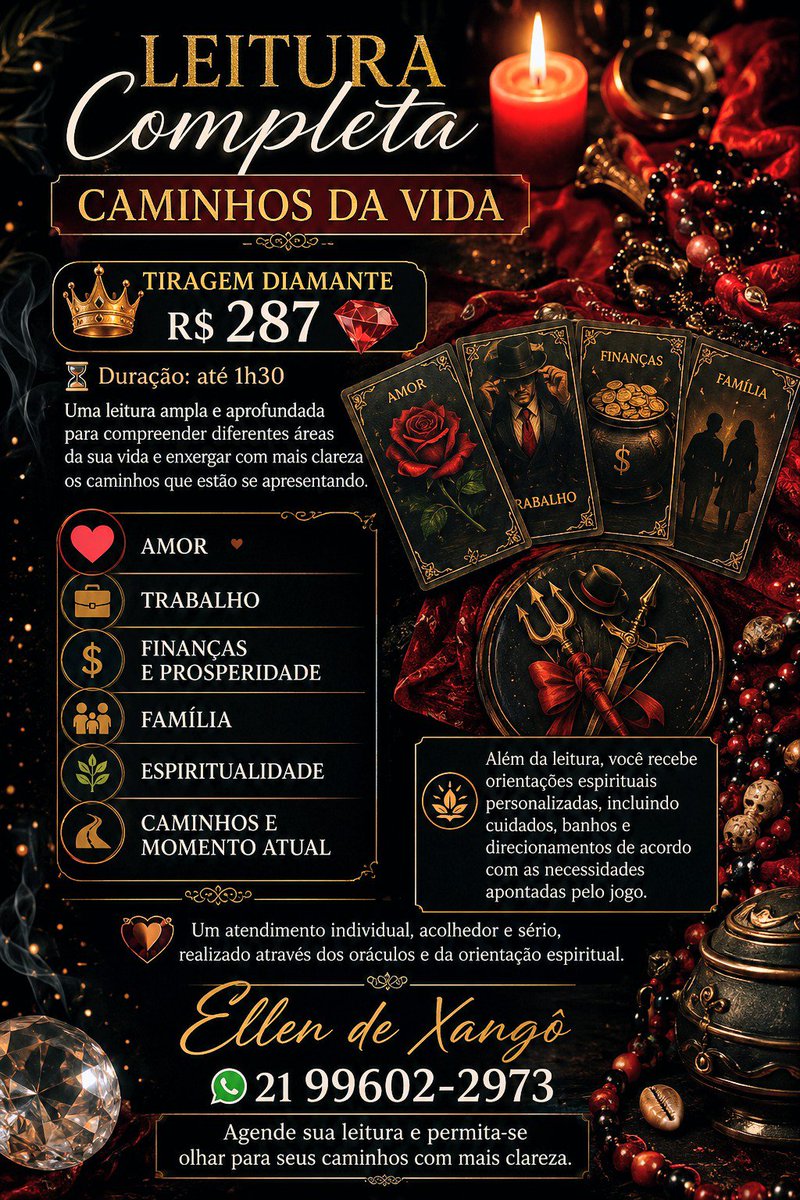 ellendexango's tweet photo. 🔮✨ MESA ABERTA ✨🔮

Os caminhos estão abertos para quem busca respostas, direcionamento e clareza.

🃏 Venha consultar os Oráculos e enxergar além do que os olhos conseguem ver.

📲 Agende seu atendimento.

#MesaAberta #Oraculo #Cartomancia #Baralhodeexu #Espiritualidade https://t.co/Gn6V9RKq9O