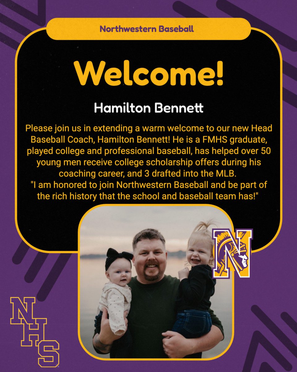 nhstrojansbbnhs's tweet photo. Excited to join Northwestern baseball! 
FMHS '07 alum, former Winthrop/Surry/Tenn Wes. U. player, &amp; 2010 NY Mets draft pick (5 yrs pro). With 50+ college commits &amp; 3 MLB draftees coached, I believe in structure &amp; a winning culture. Proud husband to Megan &amp; dad to Maggie &amp; Lottie! https://t.co/IjvBLP63Hx