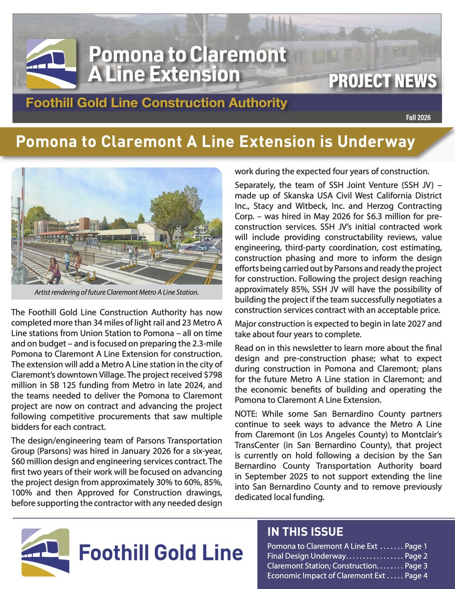 IWillRide's tweet photo. 📰 The Fall 2026 Foothill Gold Line newsletter provides look into 2.3-mile Pomona to Claremont A Line Ext., including:
🔨 Readying project for construction
🚃 Claremont station info
🚧 What to expect during construction
💵 Econ. benefits to region

🔗 https://t.co/GAsSedfPwQ https://t.co/nidov3LQrc