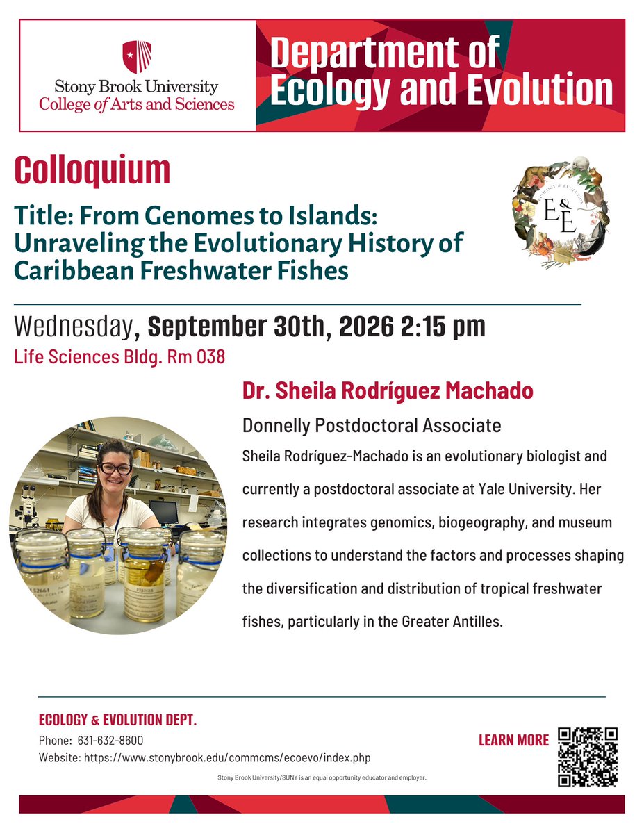 SBUEcoEvo's tweet photo. 🚨 Colloquium soon!

🟣 Join E&amp;E this Wednesday for a Colloquium with speaker Dr. Sheila Rodríguez Machado titled "From Genomes to Islands: Unraveling the Evolutionary History of Caribbean Freshwater Fishes."

📍 Life Sciences Bldg, Rm 038
🗓️ Wednesday, Sept 30th 2026 | 2:15 pm https://t.co/u6n9ZqHVpO