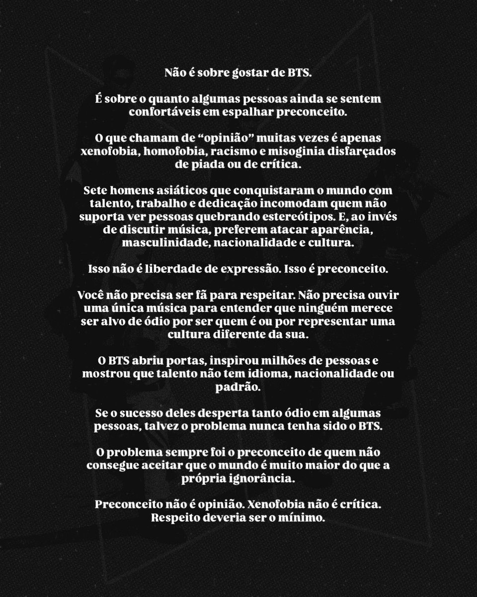 alejo_fm's tweet photo. Criticar o BTS por nacionalidade, traços asiáticos, estilo ou por romper padrões de masculinidade não é opinião: é preconceito. O sucesso deles prova que talento, disciplina e respeito não dependem da aprovação de intolerantes. https://t.co/QUnM4GiTvd