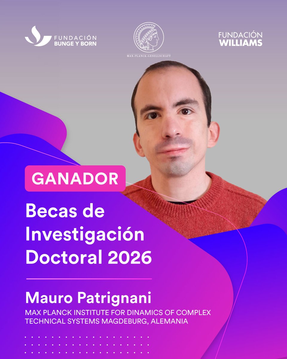 FundacionByB's tweet photo. 🔬 Felicitamos a Mauro Patrignani, ganador de las Becas de Investigación Doctoral 2026.
👨🔬 Desarrollará su instancia de investigación en el Max Planck Institute for Dinamics of Complex Technical Systems en Magdeburg, Alemania, con el proyecto “Modelado de la delaminación de interfaces de SiC/SiOx/Fe mediante simulaciones de dinámica molecular multiescala”.
La beca otorga una estadía de investigación de seis meses en un instituto del Max Planck Society en Alemania, como parte de su formación doctoral en curso.
➡️ Entregamos esta beca junto a la @FundWilliams y Max Planck Society (@maxplanckpress).
Más información en https://t.co/gjKWgMwFr0