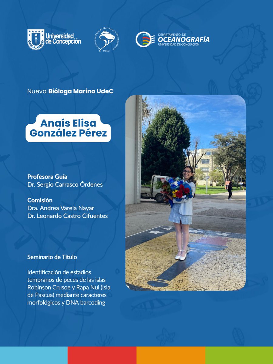 DOCEUdeC's tweet photo. Nueva Bióloga Marina UdeC 🌊

De nuestra @udeconcepcion egresa Anaís Elisa González Pérez

¡Le deseamos mucho éxito en sus nuevos desafíos! 🌊

#AlumniDOCEUdeC https://t.co/OaBdDDRycV