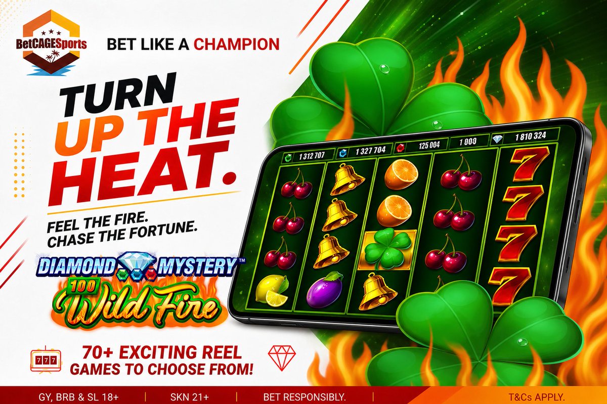 BetCAGESports's tweet photo. 100 WILD FIRE 🔥🍀

Turn up the heat with Diamond Mystery 100 Wild Fire on BetCAGESports iGaming.

Explore 70+ exciting reel games to choose from!

GY, BRB &amp; SL 18+ | SKN 21+
Bet responsibly. T&amp;Cs apply.
#BetCAGESports #iGaming #100WildFire https://t.co/ZOpaQ5MGBx
