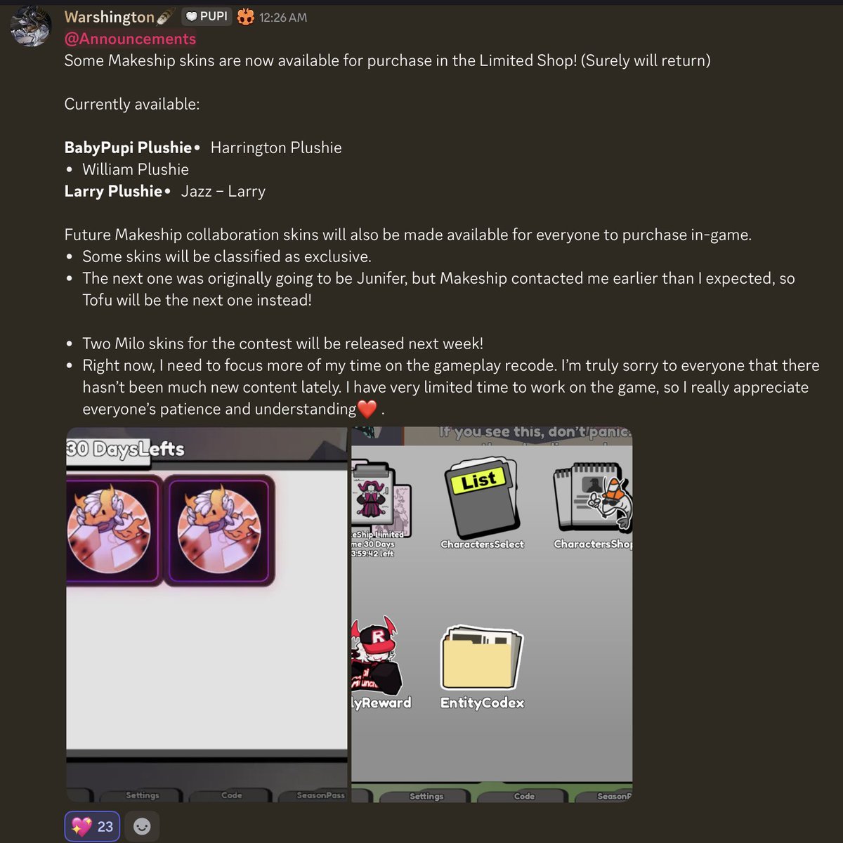 pupi_pmm's tweet photo. 📢 Announcement

Makeship skins are now available in shop for limited time! ( Surely will return )

- Babypupi Plushie Harrington and William
- Larry Plushie Jazz

#Pupimidnightmunchies #PMMRoblox https://t.co/sC9jVIHoh0