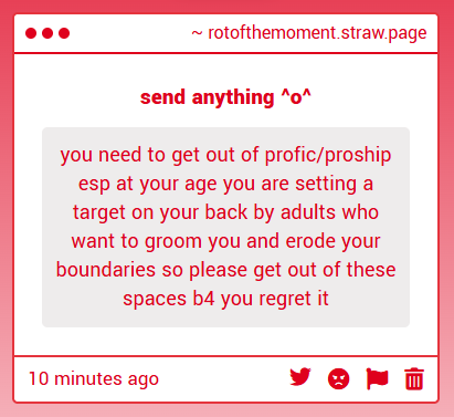 RotOfTheMoment's tweet photo. ive only ever been groomed by anti's who believed proshippers deserved death so nty https://t.co/9DqHLQ2PZi