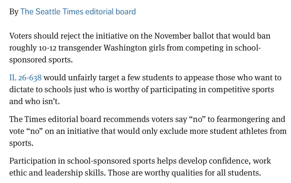 hannahkrieg's tweet photo. Seattle Times Editorial Board urges a "no" vote on ridiculous trans sports ban. Rare, incredibly based moment for the board. I love my country Seattle, WA. https://t.co/X0ZQPdUUKs