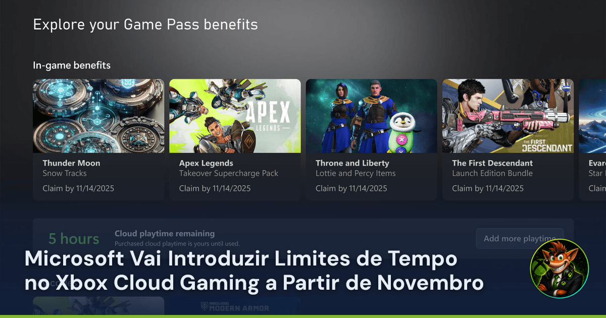 PastorXbox's tweet photo. Microsoft Vai Introduzir Limites de Tempo no Xbox Cloud Gaming a Partir de Novembro

O Xbox Cloud Gaming está se juntando à NVIDIA e a outras plataformas ao impor limites de tempo (por hora) ao seu serviço de streaming com a opção de comprar tempo adicional por meio de pacotes

"Reconhecemos que a introdução de limites é uma mudança significativa, principalmente para jogadores que passam mais tempo jogando na nuvem", disse a Microsoft no Xbox Wire. "Esperamos que essa mudança impacte 4% dos assinantes do Game Pass. Depois de usarem suas horas inclusas, os assinantes poderão comprar tempo adicional de jogo na nuvem pela Loja Xbox"

Os pacotes de "tempo de jogo adicional na nuvem" não terão data de expiração após a compra, embora a Microsoft ainda não tenha divulgado o preço exato desses "passes de expansão"

https://t.co/pPxYmjhCl9
#Xbox