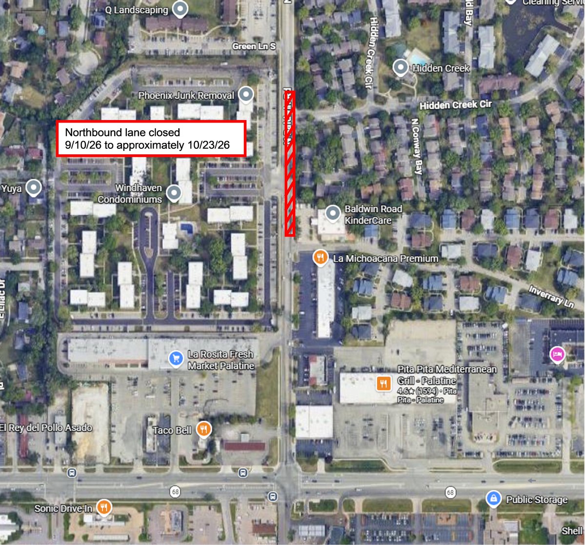 PalatineIL's tweet photo. ALERT: The Village will install a new water main on Baldwin from Hidden Creek-Inverrary. Work begins 9/10 &amp; expected to finish in Oct.
Northbound lane of Baldwin from Inverrary-Hidden Creek will be closed during the work. 2-way traffic maintained in the southbound &amp; center lanes. https://t.co/BsBOYopsiW