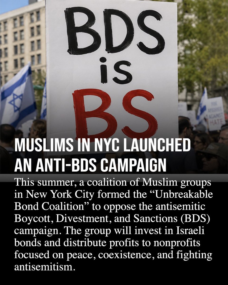 realbassemeid's tweet photo. Over the summer, a coalition of Muslim groups in New York City formed the “Unbreakable Bond Coalition” to oppose the antisemitic Boycott, Divestment, and Sanctions (BDS) campaign. The group will invest in Israeli bonds and distribute profits to nonprofits focused on peace, coexistence, and fighting antisemitism.

Participating organizations include @ammwecofficial, the Muslim Women Speakers Bureau, Global Youth Unity Project (GYUP), Abraham PRC, and Muslims Israel Dialogue.