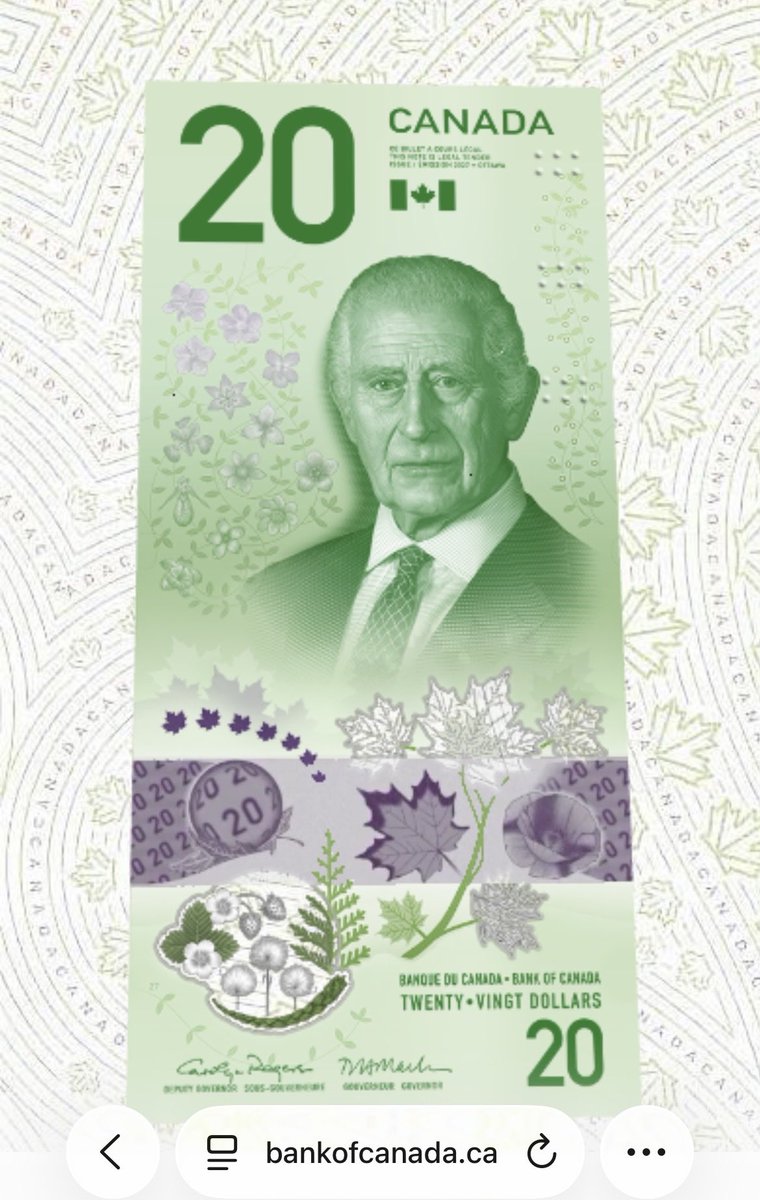 PatriciaTreble's tweet photo. Charles III, King of Canada, on the new vertical design of the $20 banknote. The iconic Vimy Ridge Memorial is on the back

His mother has been on the note since 1954. 

Other features the floral emblems of provinces and territories. 

https://t.co/1v6hEpDh4g https://t.co/Xvu7EAr6NG