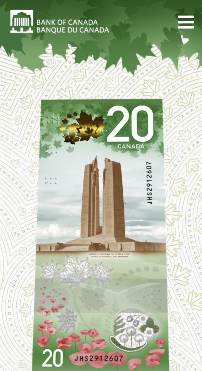 PatriciaTreble's tweet photo. Charles III, King of Canada, on the new vertical design of the $20 banknote. The iconic Vimy Ridge Memorial is on the back

His mother has been on the note since 1954. 

Other features the floral emblems of provinces and territories. 

https://t.co/1v6hEpDh4g https://t.co/Xvu7EAr6NG