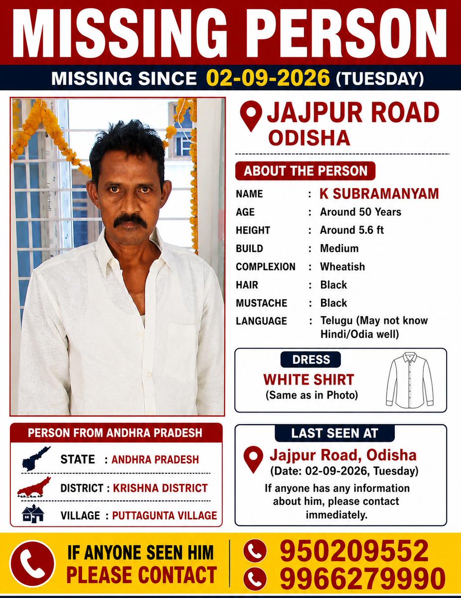 inter_locked_'s tweet photo. A person from Andhra Pradesh who recently travelled to Jajpur, Odisha, is currently missing. His family has been unable to contact him.
@odisha_police @APPOLICE100 @homeodisha 
@CMO_Odisha @spjajpur 
RT max for visibility https://t.co/ujeVCZzwh4