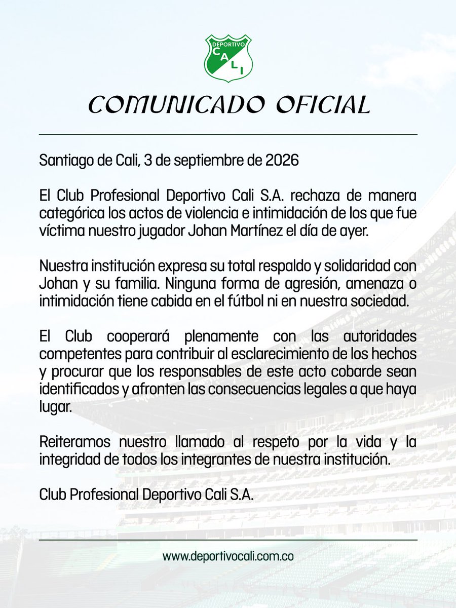 DeportivoCaliCP's tweet photo. Comunicado oficial: Johan Martínez. https://t.co/HcRyAyhkY2