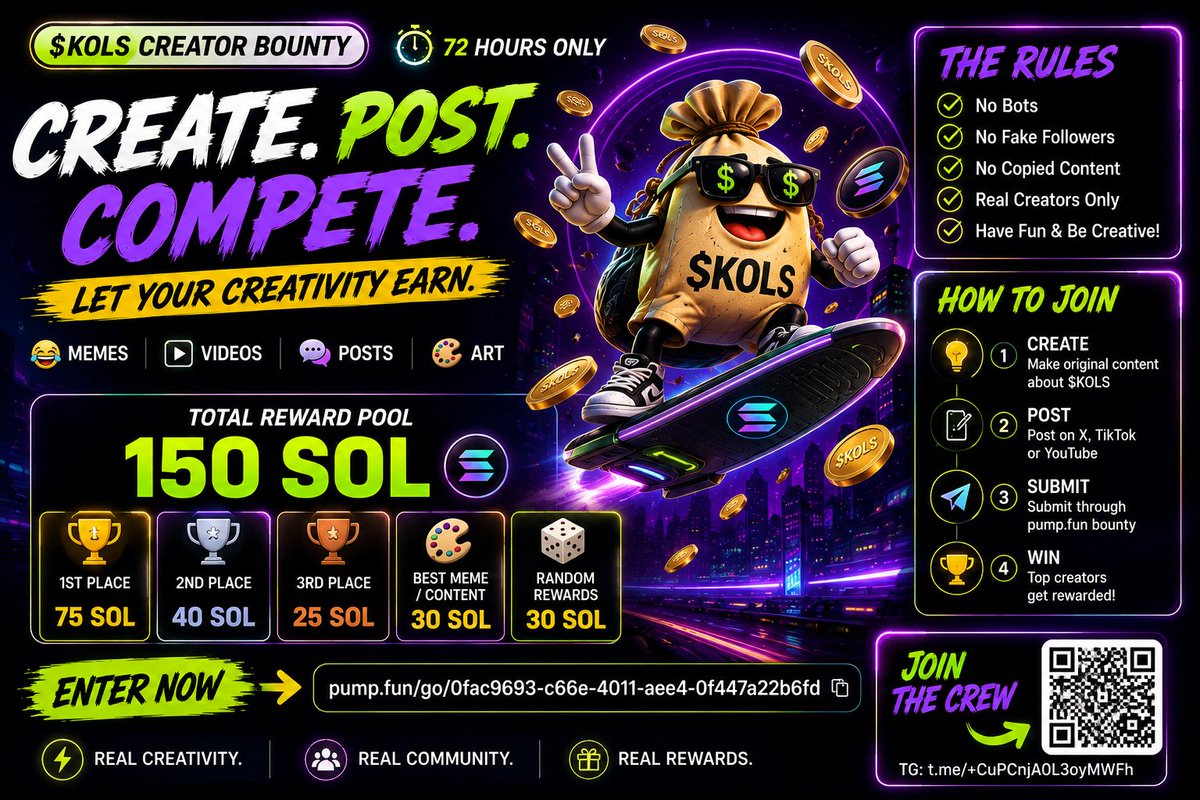 _K0LS's tweet photo. ⚡ $KOLS CREATOR BOUNTY IS LIVE 🟡

72 hours. One community. Endless creativity. 🎨🔥

Got a meme, video, artwork, or fresh idea? Turn it into original $KOLS content and compete for a share of the 150 SOL reward pool. 🏆

🧠 Create
📲 Post
🚀 Submit
🏆 Get rewarded

No bots. No fake followers. No copied content — real creators only.

👉 Enter now: https://t.co/ieb0aP3aUX

$KOLS #Solana #Crypto #Memecoin #Pumpfun