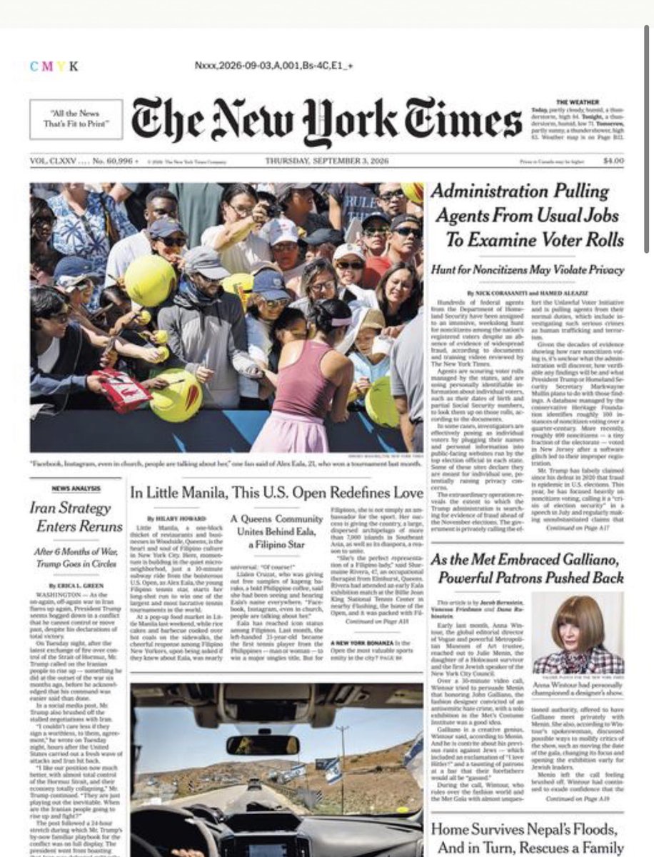 tjmanotoc's tweet photo. Alex Eala makes it to the front page of today’s @nytimes print edition. 

Just wow. https://t.co/jFL13UqOUR