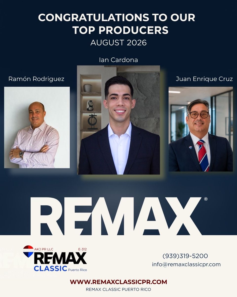 remaxclassicpr's tweet photo. Congratulations to our top 3 producers!  

August 2026 Top Producers at REMAX Classic Puerto Rico

Thank you all for your hard work and dedication!

📩 info@remaxclassicpr.com
📞 (939)319-5200

#topproducer #realestate #remaxclassicpuertorico https://t.co/pbxIIeoYNb
