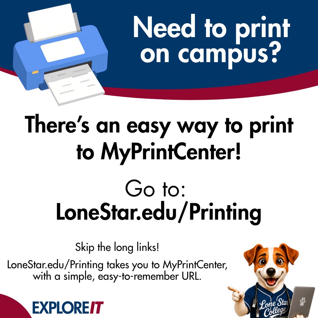 LSCots's tweet photo. 🖨️ Need to print on campus? It's easy!

Go to https://t.co/LazwnxWUSn to access MyPrintCenter to get your documents ready to print.

📚 Worry about the grade you’re going to get, not how you’re going to print it.

#LoneStarCollege #StudentSuccess #ExploreIT #LSCOTS #TechTips https://t.co/u7IAGiBkbd