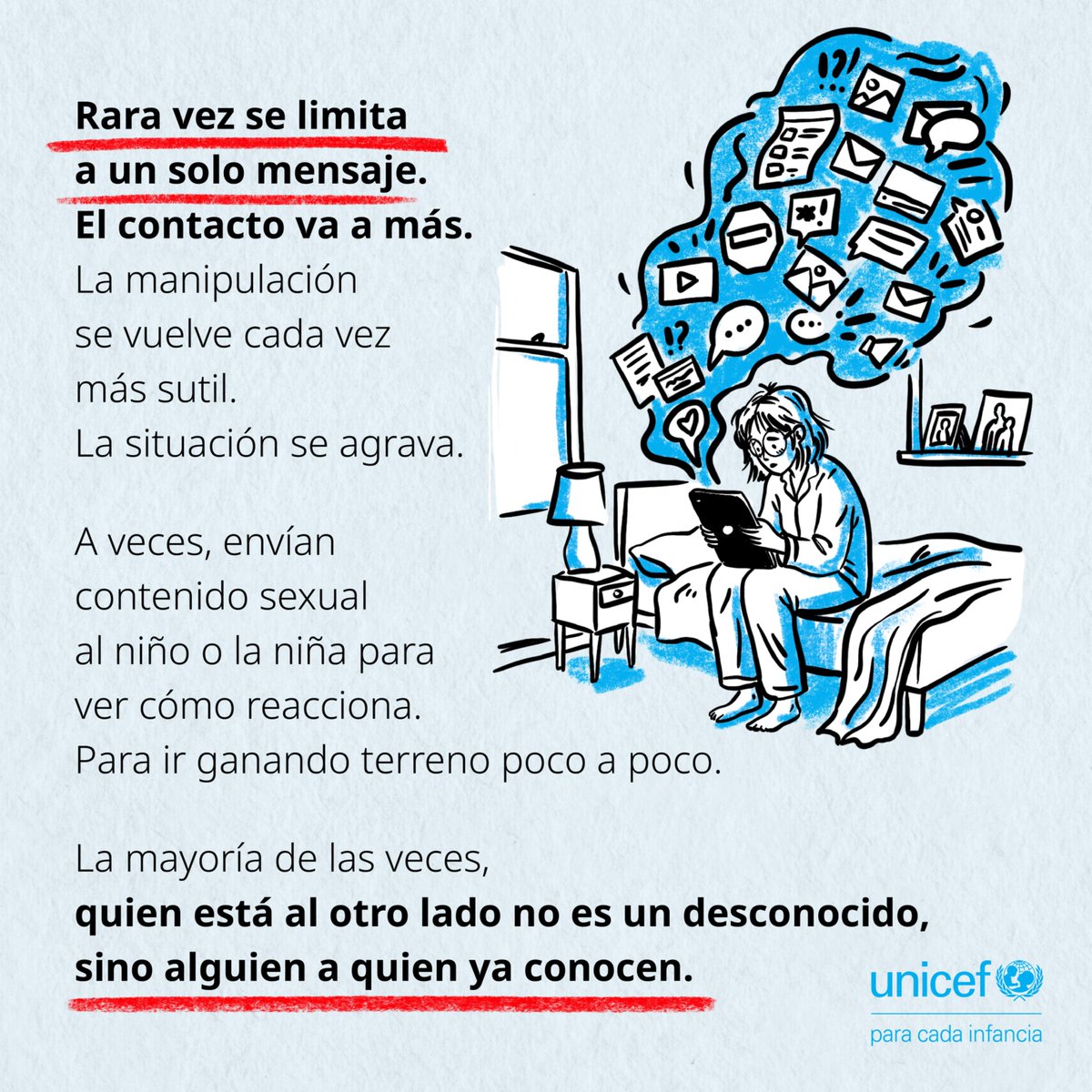 unicefguatemala's tweet photo. El abuso sexual facilitado por la tecnología puede comenzar con una interacción cotidiana y avanzar antes de que comprendan qué sucede.

Protegerles empieza con hablar, escuchar y crear espacios digitales seguros. https://t.co/b7Iyi6DyAM