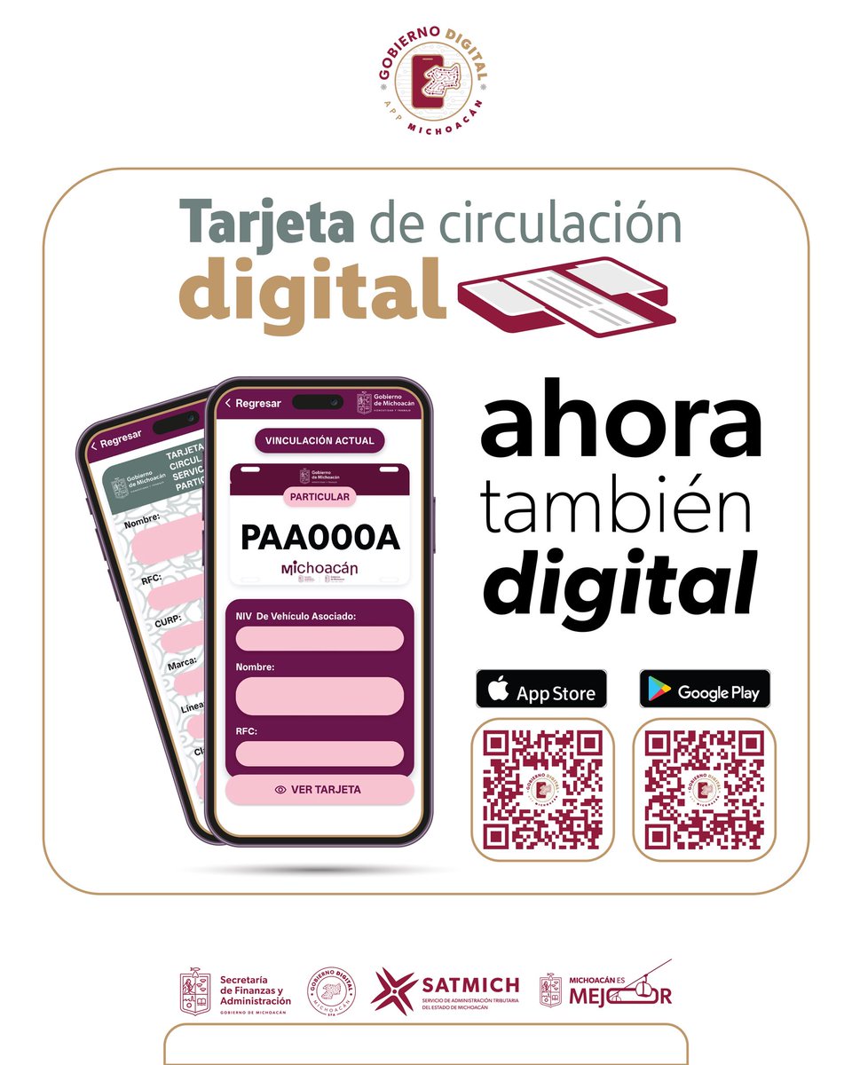 GobMichoacan's tweet photo. ¡Lleva tu tarjeta de circulación en tu celular! Descarga la App Michoacán y obtén tu versión digital de forma fácil, rápida y segura.

Disponible en App Store y Google Play. #MichoacánEsMejor https://t.co/ICyh3AX9ai