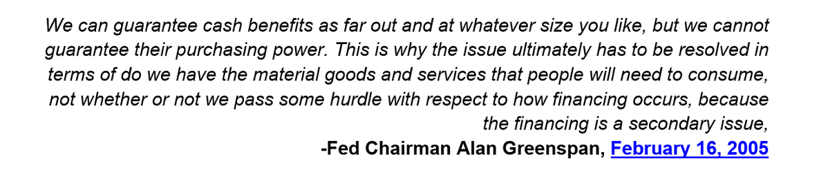 LukeGromen's tweet photo. Greenspan telling Congress in 2005 (in Greenspan-speak) that "The US' $100 trillion+ in off-balance sheet Entitlement obligations are owed in a hard currency the US cannot print":

Those off-balance sheet liabilities are now coming on- bal sheet at $3T/yr &amp; growing 2x US receipts https://t.co/jUdc0QgoQs