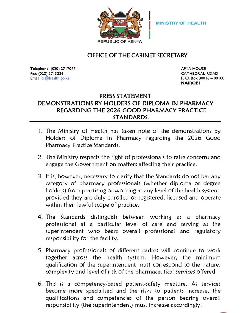 WairimuwaMbogo's tweet photo. The Standards do not bar any category of pharmacy professionals (diploma or degree) from practising or working at any level of the health system. Highest attainable standard of health is non negotiable!!

@PSofKenya @ppbkenya @MOH_Kenya 
#GPP2026 #PatientSafety #PharmacyPractice https://t.co/1sCSMtkiwh