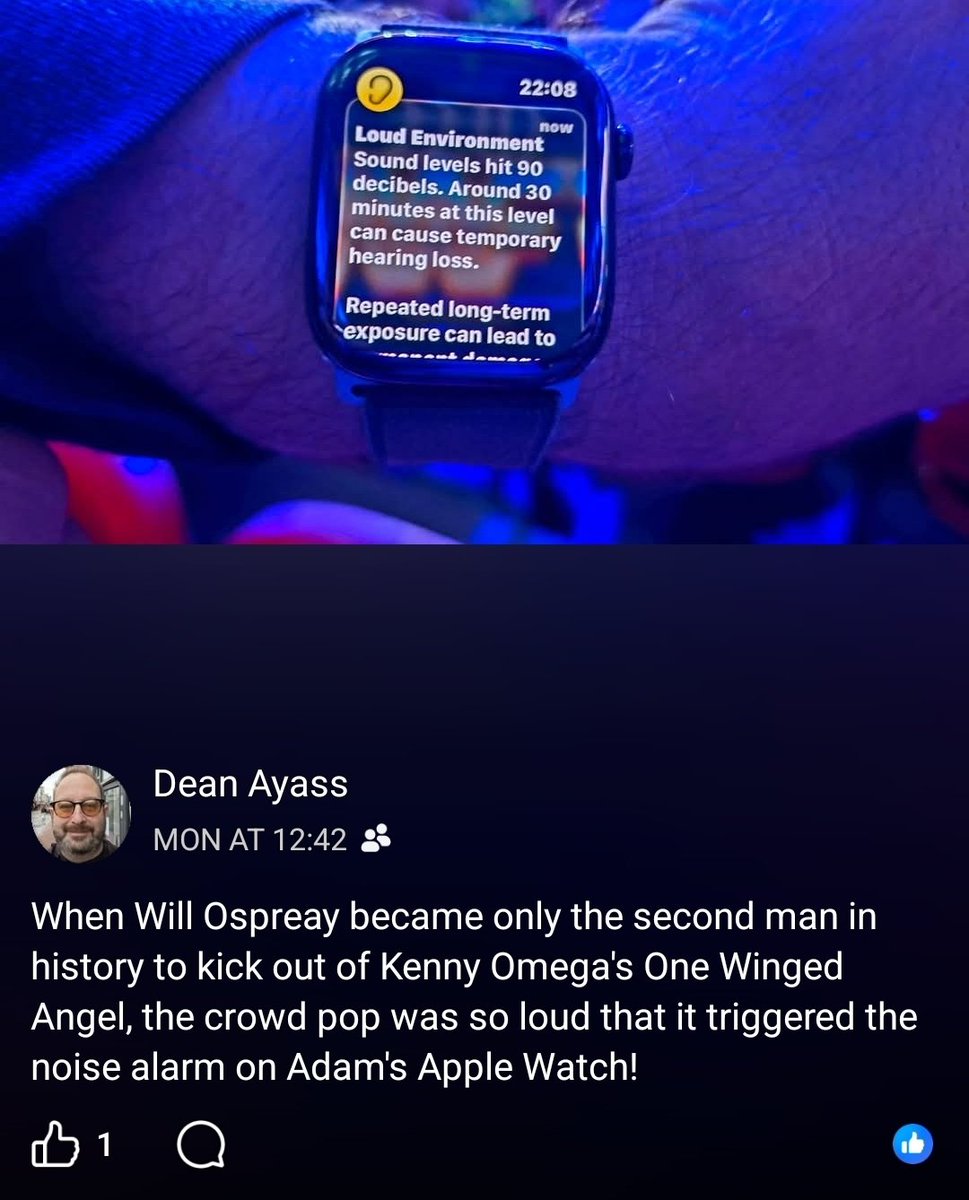 DannRead's tweet photo. When @WillOspreay kicked out of the @KennyOmegamanX One Winged Angel, the response from the audience was so loud that it set off a friends noise alarm on their apple watch!

 #AEW #AEWDynamite #AEWALLIN #EVEwrestling https://t.co/OoObxV9iKe