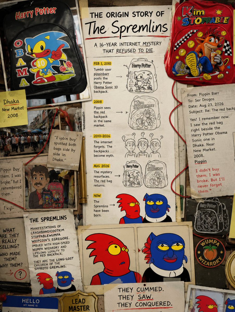 CBKSWWCoin's tweet photo. Two backpacks sat side by side in a Dhaka market in 2008.

One became internet history.

The other sat there forgotten for 18 fucking years.

Now the red backpack has a name, a coin, an army and its own lore.

#CrashBandicootKimStoppableWumpaWhipCoin

The $COIN Spremlins have been born.