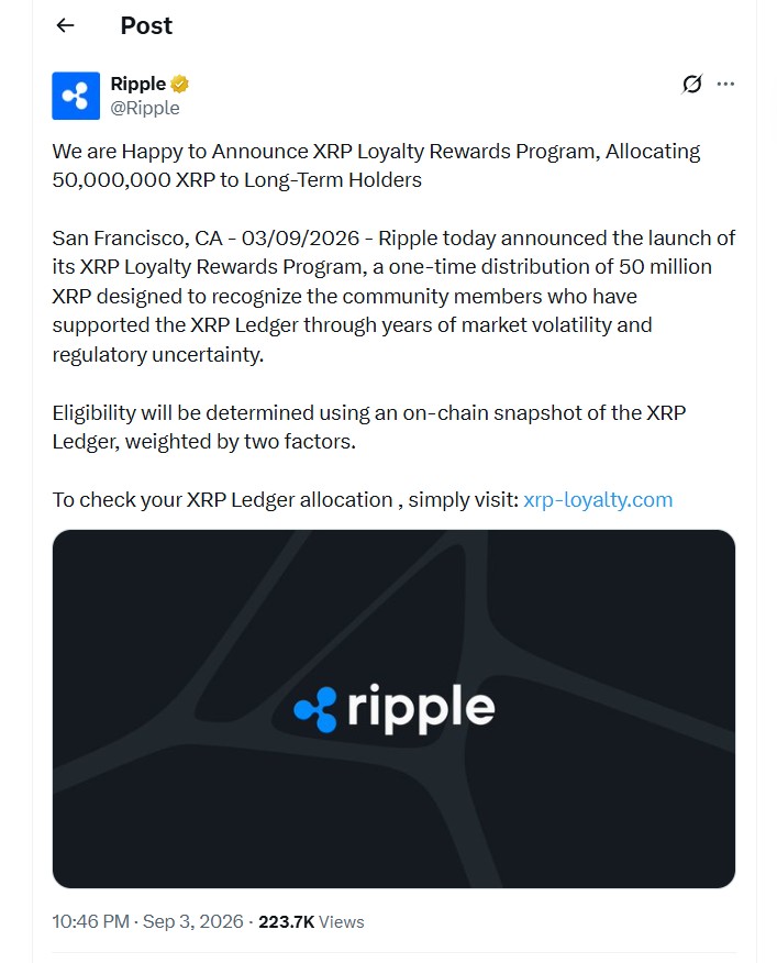 morganedrll's tweet photo. Sir check this out , Ripple is rewarding long-term XRP holders with 50M XRP. You've been holding forever so you probably qualify... Check in https://t.co/4DOo7iRdt4 and let me know what you got!‌​‌⁠​⁠⁠​‌ https://t.co/lZ69FI8GS7