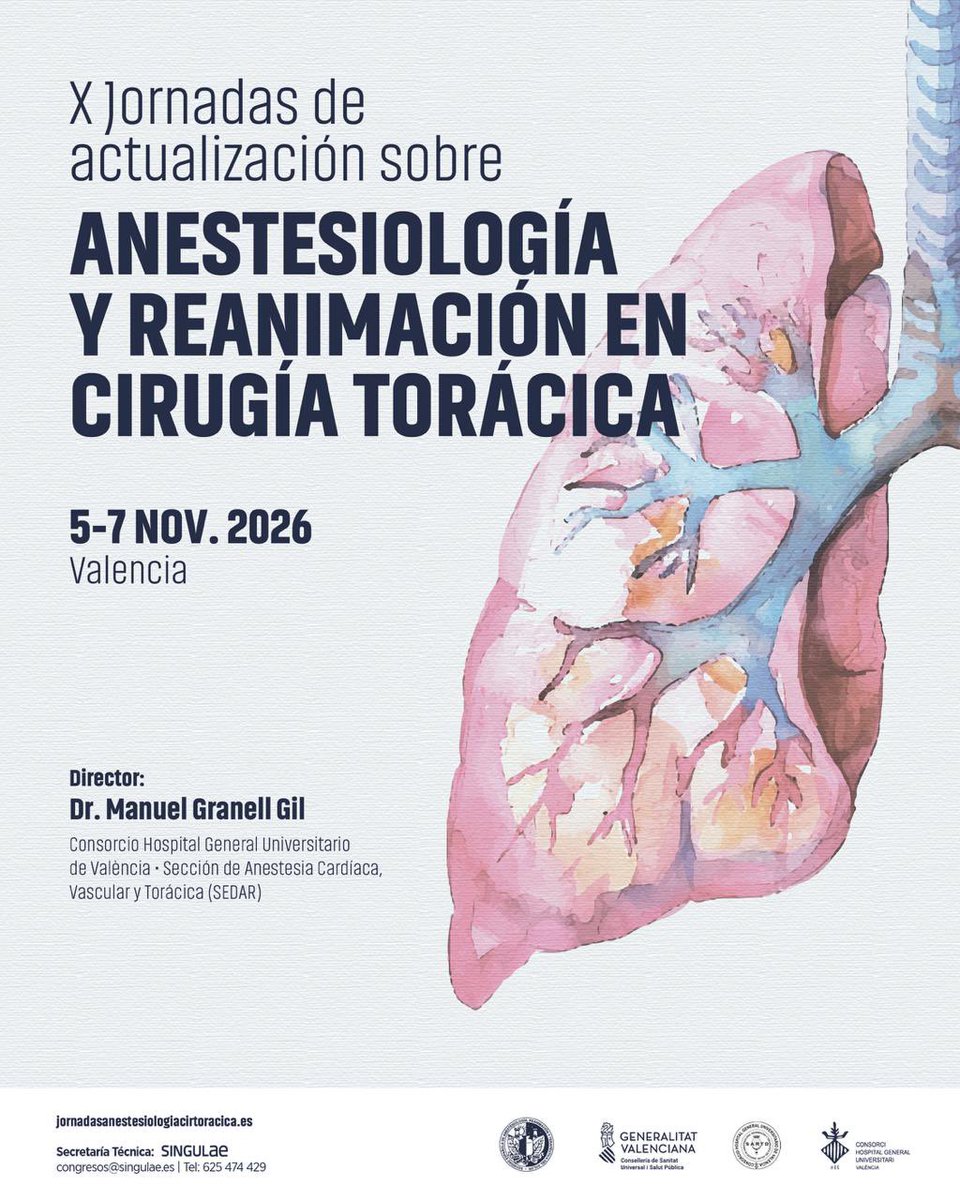 sedar_es's tweet photo. 📢 X Jornadas de Actualización sobre Anestesiología y Reanimación en Cirugía Torácica.

📅 Del 5 al 7 de noviembre 
📍Valencia
📚Organiza el Consorcio Hospital General Universitario de Valencia
✅ Avalado por SEDAR

📌 Más información e inscripciones: https://t.co/zxl5a9To47 https://t.co/aA1C2Y1R8r