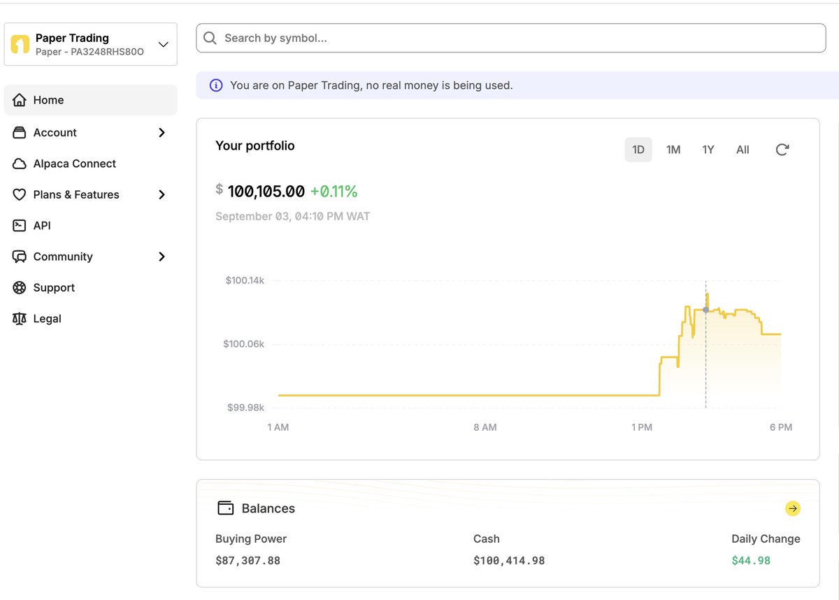 Bernard_O1's tweet photo. 🚨 I GAVE AN AI AGENT $100,000 TO TRADE.

@AlpacaHQ gave me $100K in demo trading capital for the @AlpacaHQ × @lablabai Hackathon.

I backtested strategies.
Built in risk management.
Let the agent make the call.
It chose the Wheel Strategy. 🎯
And now it’s LIVE.

One of our trade has already been executed and is currently in profit 📈

This is no longer just a backtest.

AI is trading. 🤖💰

Let’s see what happens next. 👀

𝘋𝘪𝘴𝘤𝘭𝘢𝘪𝘮𝘦𝘳: 𝘛𝘩𝘦 $100𝘒 𝘪𝘴 𝘥𝘦𝘮𝘰/𝘱𝘢𝘱𝘦𝘳 𝘵𝘳𝘢𝘥𝘪𝘯𝘨 𝘤𝘢𝘱𝘪𝘵𝘢𝘭 𝘱𝘳𝘰𝘷𝘪𝘥𝘦𝘥 𝘧𝘰𝘳 𝘵𝘩𝘦 𝘩𝘢𝘤𝘬𝘢𝘵𝘩𝘰𝘯. 𝘕𝘰 𝘳𝘦𝘢𝘭 𝘧𝘶𝘯𝘥𝘴 𝘢𝘳𝘦 𝘣𝘦𝘪𝘯𝘨 𝘵𝘳𝘢𝘥𝘦𝘥.
cc:@AlpacaHQ @lablabai @czech_pawel @iyoshyoshi @lablabai