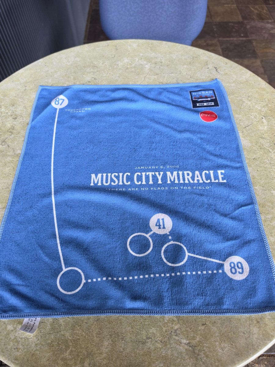TDavenport_NFL's tweet photo. The first 45k fans who attend the #Titans season opener vs the Jets will get this towel commemorating the final season @NissanStadium. The towel outlines the Music City Miracle. https://t.co/03zhzvw6o1