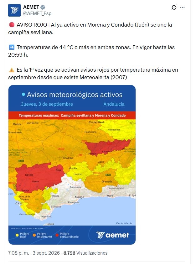 Valencia_WX's tweet photo. 🔴 44 ºC o más en septiembre.

Andalucía acaba de vivir una situación excepcional: AEMET activa por primera vez un aviso rojo por temperaturas máximas en este mes desde que existen registros.

🌡️ Y aquí, en la Comunitat Valenciana, sabemos perfectamente lo que significa convivir con episodios de calor extremo.

Ojo a estos datos.