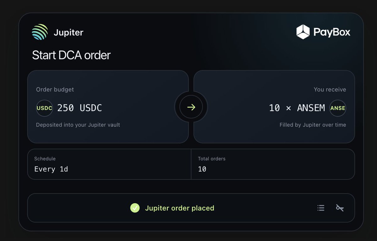 moonpay's tweet photo. we just set a recurring order for solana:9cRCn9rGT8V2imeM2BaKs13yhMEais3ruM3rPvTGpump from @blknoiz06 by chatting with Claude

for the next 10 days, we're automatically buying $25 of tokens at 9 AM ET using our wallet's USDC on SOL balance

DeFi meets AI, powered by @JupiterExchange and @PayBox