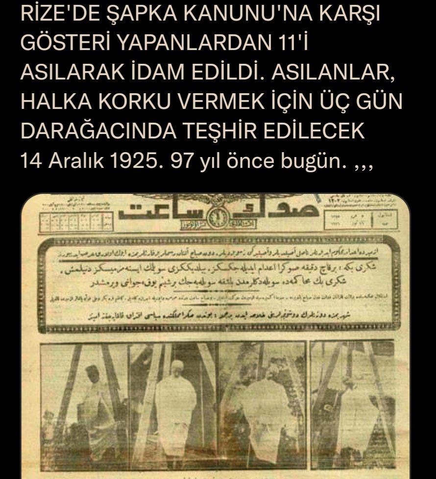 Yunnus571453's tweet photo. Rize'de şapka kanununa muhalefetten 11 kişi asılmış.

Yahudi şapkası için asılan müslümanları unutmayın. Çocuklarınıza bu zulümü anlatın. https://t.co/anhJBgSPbK